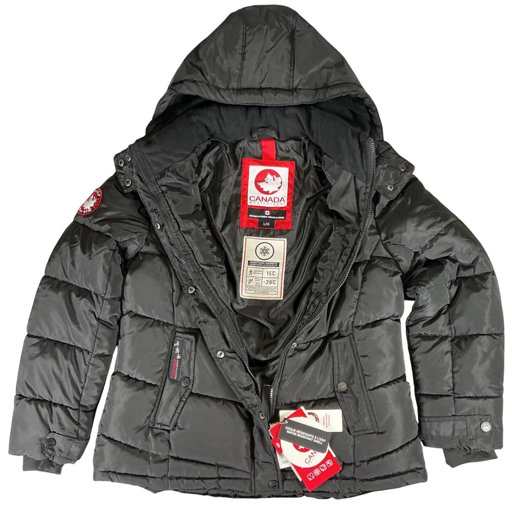 Canada Weathergear Mens Black Hooded Puffer Jacket‎ Parka Water Resistant L NWT